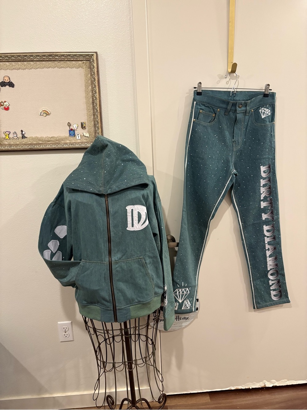 Diamond Supply Co. Teal Denim Hoodie & Jeans Set with rhinestones.